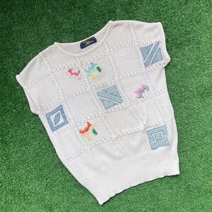 Vintage Playful White and Blue Knitted Embroidered Top